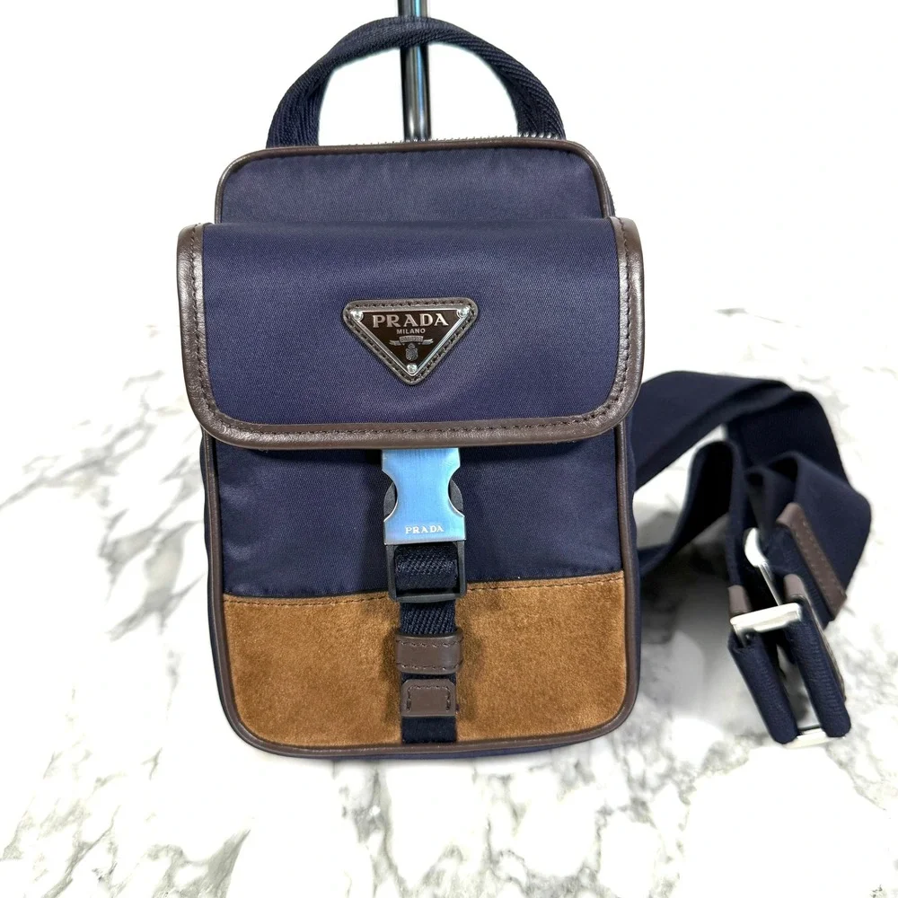 Prada Re-Nylon Leather Smartphone Case Shoulder Bag 2ZH194 Blu Caffe Navy Brown